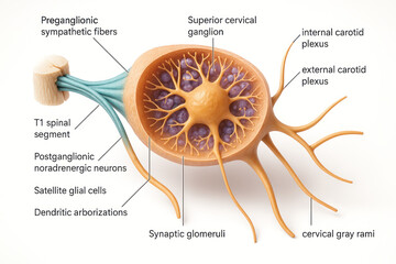 Anatomical illustration of the superior cervical ganglion and its connections to the T1 spinal segment, showing preganglionic sympathetic fibers, postganglionic noradrenergic neurons, satellite glial 