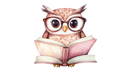 Cute Watercolor Owl Reading Book, Isolated on Transparent Background, Animal Illustration, Children's Book, Owl, Watercolor, Book