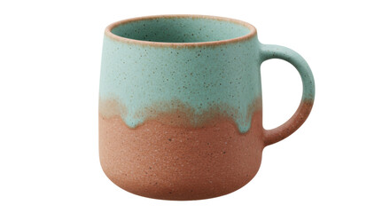 Two-tone ceramic mug isolated on a clean background, rustic pottery with blue and brown glaze for coffee or tea