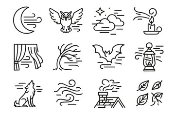 Fototapeta premium Vector air wolf crescent icon chimney clouds leaves tree icons night bat