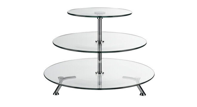 Three-tiered glass cake stand isolated on white, elegant serving platter for desserts and pastries PNG