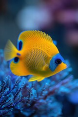 Naklejka premium Yellow Bluehead Angelfish Swimming in Coral Reef Close Up Underwater Marine Life Tropical Fish Aquatic Animal Ocean Wildlife