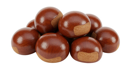 Pile of shiny brown horse chestnuts isolated, autumn harvest of conkers for seasonal decoration and crafts