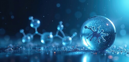 Abstract blue background with glowing molecular structures and a large bubble containing a virus-like particle. This imagery relates to science, medicine, and biotechnology research.