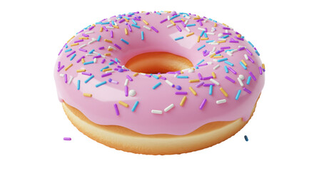 Delicious pink donut with colorful sprinkles isolated PNG, sweet treat for dessert and bakery concepts, on transparent background