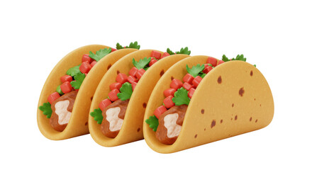Delicious tacos isolated on transparent background, traditional Mexican food with meat, vegetables, and spices in a crispy corn tortilla