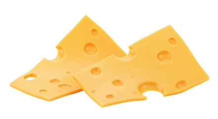 Two triangular slices of Swiss cheese isolated on transparent background, dairy product for sandwiches and snacks