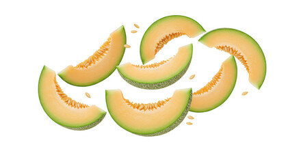 Cantaloupe melon slices isolated on transparent background, fresh fruit pieces for healthy eating and summer designs PNG