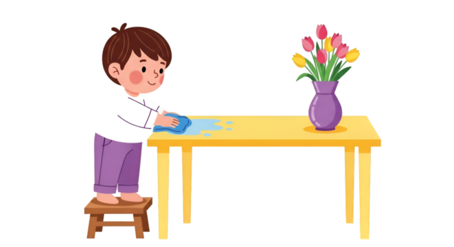 Boy Cleaning a Messy Table with Flowers - Powered by Adobe