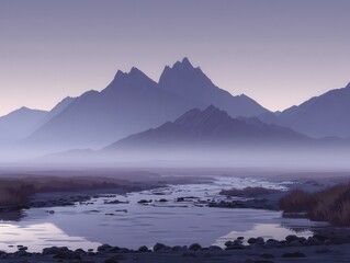 Serene Mountain Landscape at Dusk with River Flowing Through Valley Wide Angle Scenic View