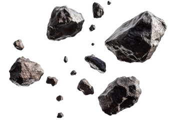 Floating Rocks, Space Debris, Asteroid Field Isolated on Transparent Background, 3D Render, Asteroid, Rocks, Space