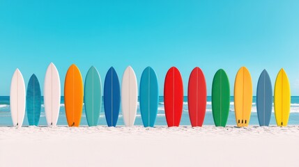Colorful surfboards on sandy beach summer vacation ocean view