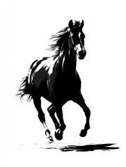 Dramatic monochrome illustration of a black horse galloping forward with power and grace in a stark white background art style