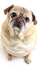 Fototapeta premium Close up of a Fawn Pug Dog Looking Upwards on White Background Studio Shot Adorable Wrinkled Face with Expressive Eyes and Soft Fur
