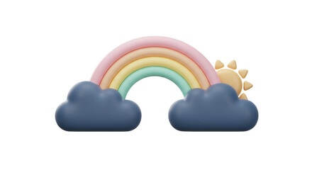 Pastel rainbow with clouds and sun isolated on transparent background, cute weather forecast element in 3D render PNG, cheerful design for kids