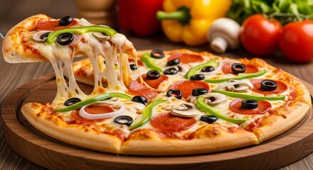 Deliciously cheesy pizza topped with fresh vegetables and pepperoni