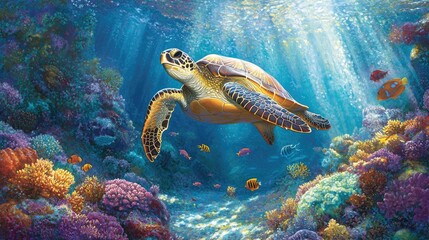 Obraz premium Vibrant Underwater Coral Reef with Majestic Sea Turtle