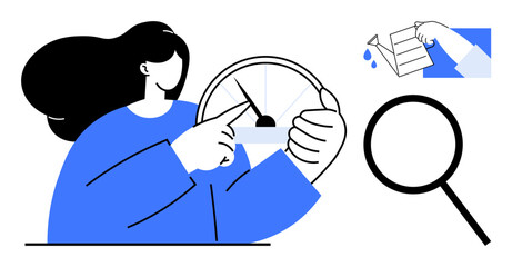 Woman points at speedometer for progress, hand pours liquid into form, and magnifying glass represents analysis. Ideal for performance evaluation, risk management, data tracking, decision-making