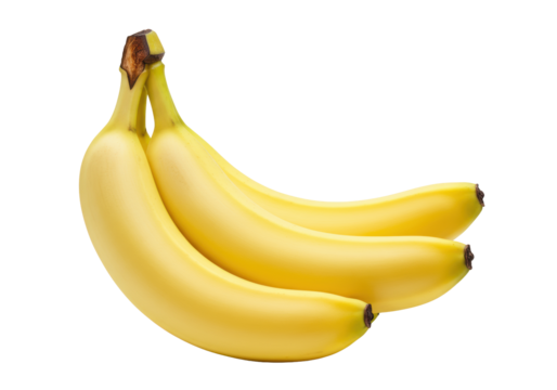 Five ripe, unpeeled yellow bananas with brown speckles, connected at the stem, isolated on a pristine transparent background with copy space, concept of fresh natural fruit product