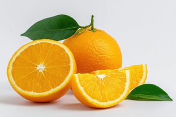 Fototapeta premium Fresh Oranges Still Life Studio Shot on White Background Featuring Slices and Whole Fruit with Green Leaf Detail for Healthy Eating Concepts