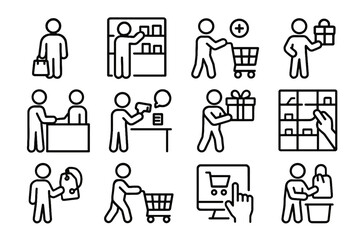 Vector actions checking scanning adding checkout products shopping icon paying bag