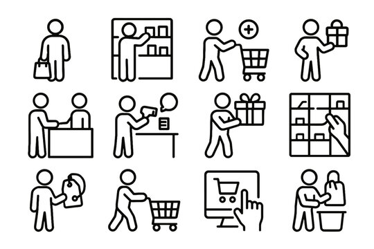 Vector actions checking scanning adding checkout products shopping icon paying bag