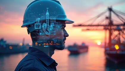 Engineer with hardhat displays digital twin tech overlay. Man plans port operations using virtual models. Futuristic port logistics at sunset. Optimizing supply chain with simulation.