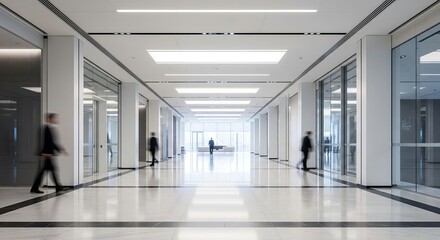 Fototapeta premium Modern corporate hallway with people walking and natural light streaming in