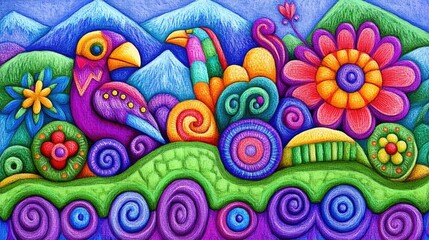 Vibrant Andean Folk Art Landscape with Stylized Birds and Flowers