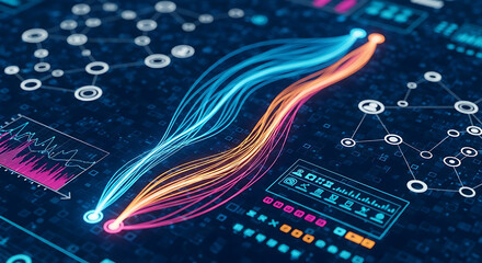 Abstract big data visualization with colorful flowing lines, AI and machine learning dashboard, futuristic analytics charts, digital information and technology background