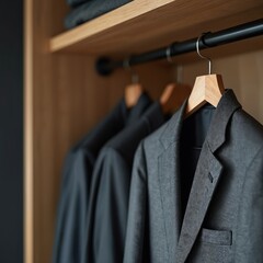 Several tailored men suits hang on wooden hangers inside minimalist wardrobe. Formal menswear neatly organized in clean closet with polished wooden interior. Elegant business attire ready to wear.