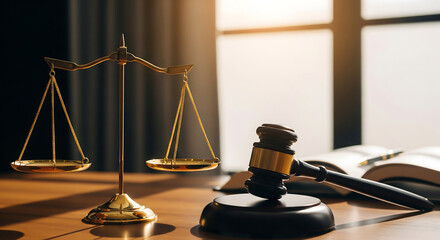 Justice and law symbolism wooden gavel scales of justice open book representing legal system