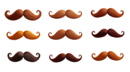 Nine Realistic Mustaches, Different Colors, Isolated on Transparent Background, mustache, hair, illustration