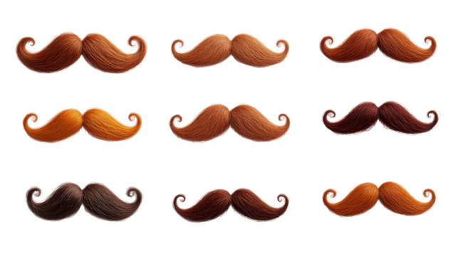Nine Realistic Mustaches, Different Colors, Isolated on Transparent Background, mustache, hair, illustration