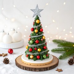 Miniature christmas tree with ornaments and star isolated on white background