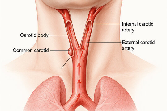 Anatomical illustration of the human carotid arteries showing bifurcation, common carotid, carotid body, internal and external carotid arteries, and depiction of blood flow.