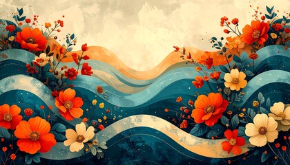 Stylized floral arrangement on undulating teal waves against a beige backdrop