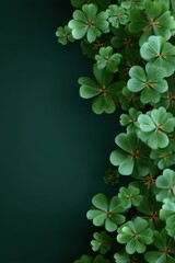 Fresh Green Clover Leaves Arranged on Dark Background Overhead Flat Lay for St Patricks Day Celebrations and Lucky Charm Imagery