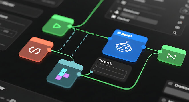 Artificial intelligence workflow automation diagram with AI agent, coding, scheduling, and process nodes for DevOps, data science, and software engineering