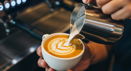 Barista carefully pours creamy latte art into a warm coffee cup