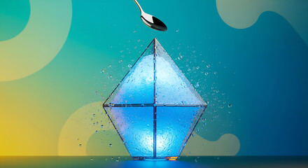 Abstract blue diamond shape with spoon reflecting light and bubbles