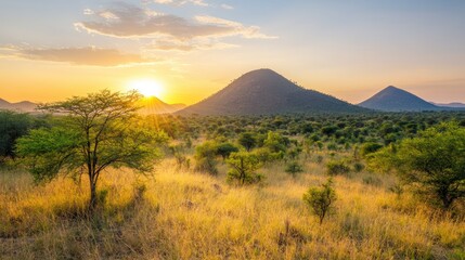 Obraz premium Golden Hour Radiance Over African Savannah with Conical Mountains