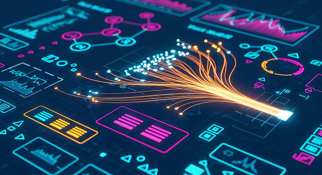 Big data analytics dashboard with glowing charts, graphs, and digital data streams representing AI, machine learning insights, and advanced data visualization