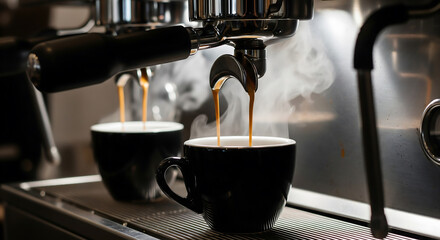 Freshly brewed espresso pouring into black coffee cups at a cafe machine
