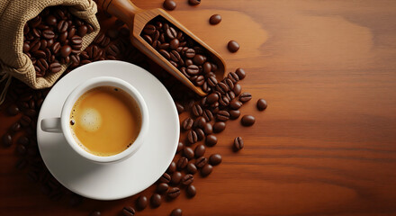 Warm coffee cup with roasted beans on wood table morning breakfast aroma