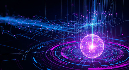 Futuristic glowing sphere with neon digital connections, abstract technology background, artificial intelligence network and big data visualization concept