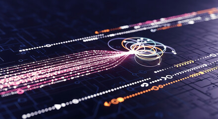 Abstract futuristic big data visualization with glowing lines, digital funnel, information stream and neural network pattern, artificial intelligence technology concept