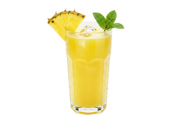 Refreshing pineapple juice in glass isolated, garnished with pineapple slice and mint, a tropical drink for summer refreshment