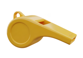 Bright yellow plastic sports whistle with a lanyard loop isolated on transparent background
