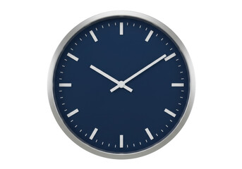 Modern navy blue wall clock isolated on white, minimalist timekeeping device for home decor and office use